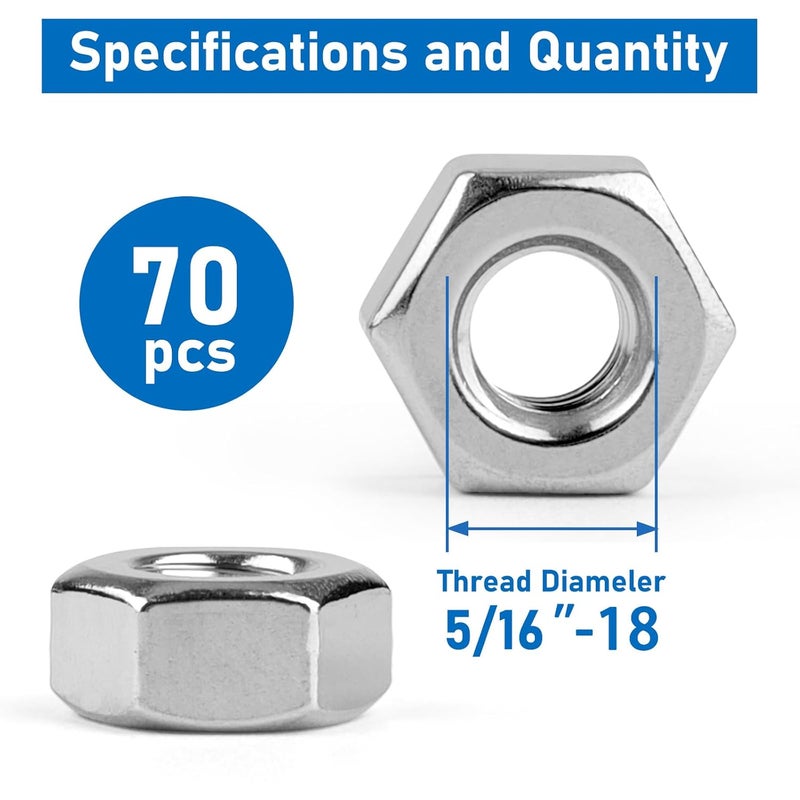 Vmuter Hex Nuts, 70 Pack #5/16”-18 304 (A2-70) Stainless Steel Hardware Nuts,Standard Inch Coarse Thread Nuts - Image 2